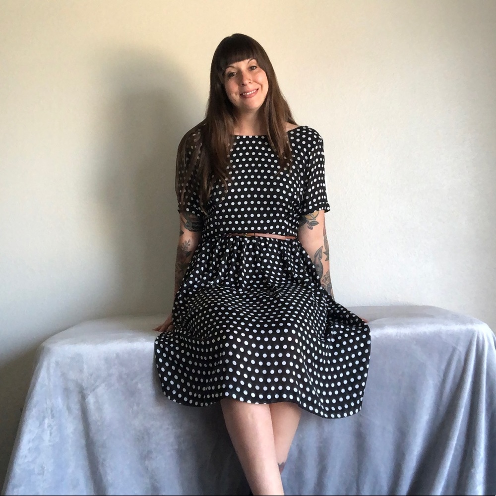NEW with tags | Vintage Inspired | Black and White Polka Dot Dress w/Brown Belt